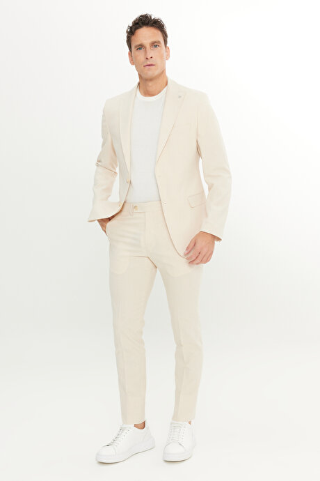 Slim Fit Dar Kesim Kırlangıç Yaka Kapak Cepli Çizgili Esnek Bej Takım Elbise resmi