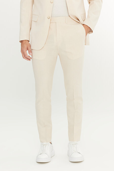 Slim Fit Dar Kesim Kırlangıç Yaka Kapak Cepli Çizgili Esnek Bej Takım Elbise resmi