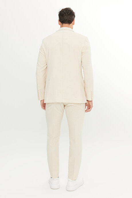 Slim Fit Dar Kesim Kırlangıç Yaka Kapak Cepli Çizgili Esnek Bej Takım Elbise resmi