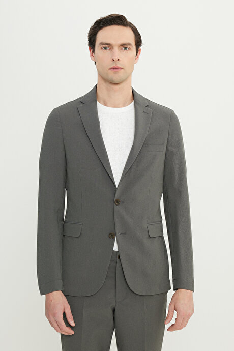 Slim Fit Dar Kesim Mono Yaka Çizgli Gofre Desenli Kapak Cepli Esnek Haki Takım Elbise resmi