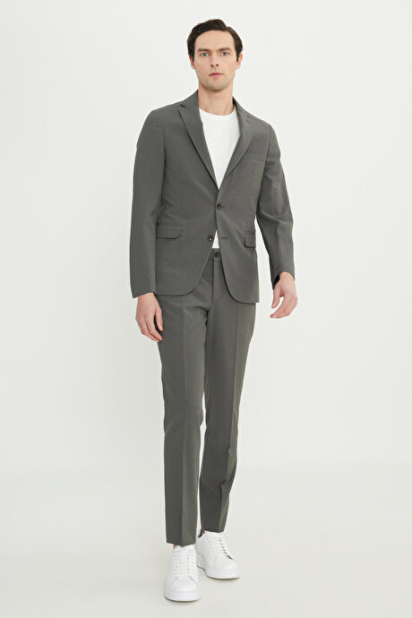 Slim Fit Dar Kesim Mono Yaka Çizgli Gofre Desenli Kapak Cepli Esnek Haki Takım Elbise resmi