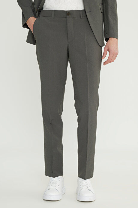 Slim Fit Mono Yaka Kapak Cepli Esnek Haki Takım Elbise resmi