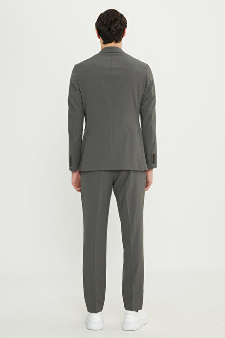 Slim Fit Mono Yaka Kapak Cepli Esnek Haki Takım Elbise resmi