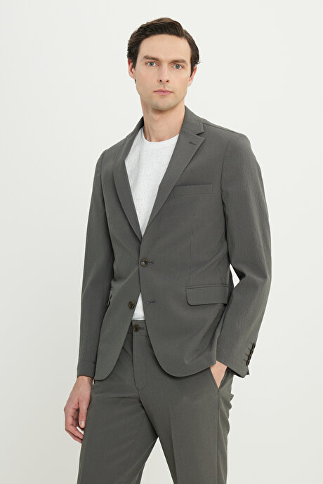 Slim Fit Dar Kesim Mono Yaka Çizgli Gofre Desenli Kapak Cepli Esnek Haki Takım Elbise resmi