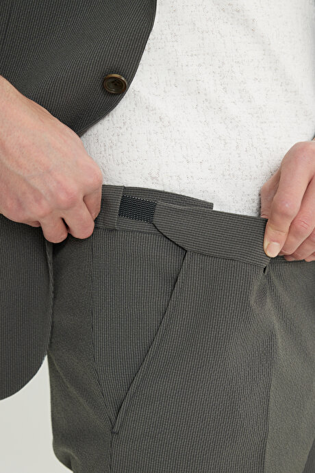 Slim Fit Dar Kesim Mono Yaka Çizgli Gofre Desenli Kapak Cepli Esnek Haki Takım Elbise resmi