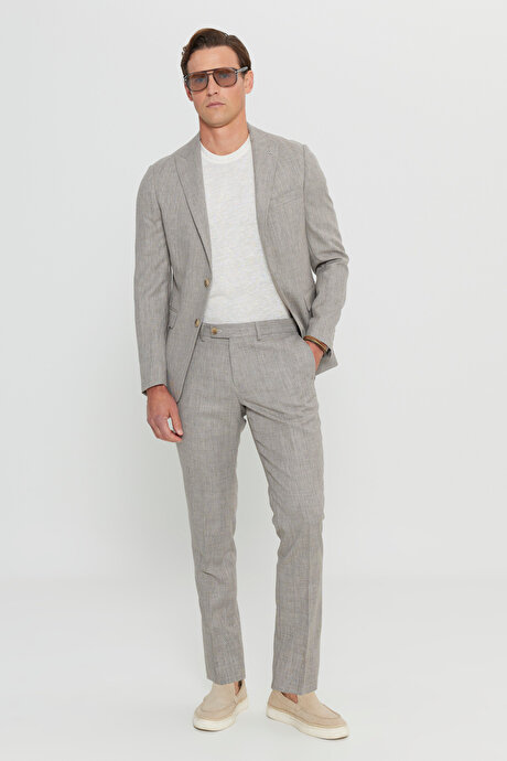 Slim Fit Dar Kesim Kırlangıç Yaka Armürlü Kapak Cepli Esnek Açık Kahve Takım Elbise resmi