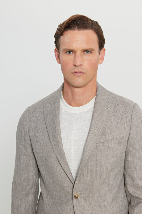 Slim Fit Dar Kesim Kırlangıç Yaka Armürlü Kapak Cepli Esnek Açık Kahve Takım Elbise resmi