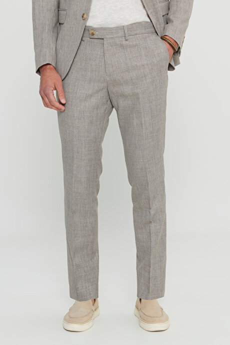 Slim Fit Dar Kesim Kırlangıç Yaka Armürlü Kapak Cepli Esnek Açık Kahve Takım Elbise resmi