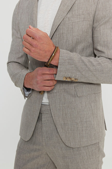 Slim Fit Dar Kesim Kırlangıç Yaka Armürlü Kapak Cepli Esnek Açık Kahve Takım Elbise resmi