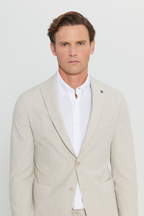 Pamuklu Slim Fit Dar Kesim Kırlangıç Yaka Çizgili Gofre Desenli Torba Cepli Bej Takım Elbise resmi