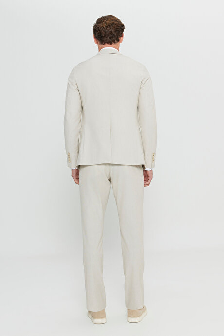 Pamuklu Slim Fit Dar Kesim Kırlangıç Yaka Çizgili Gofre Desenli Torba Cepli Bej Takım Elbise resmi