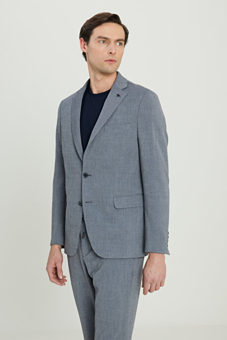 Slim Fit Dar Kesim Mono Yaka Gofre Desenli Kapak Cepli Esnek Gri Takım Elbise resmi