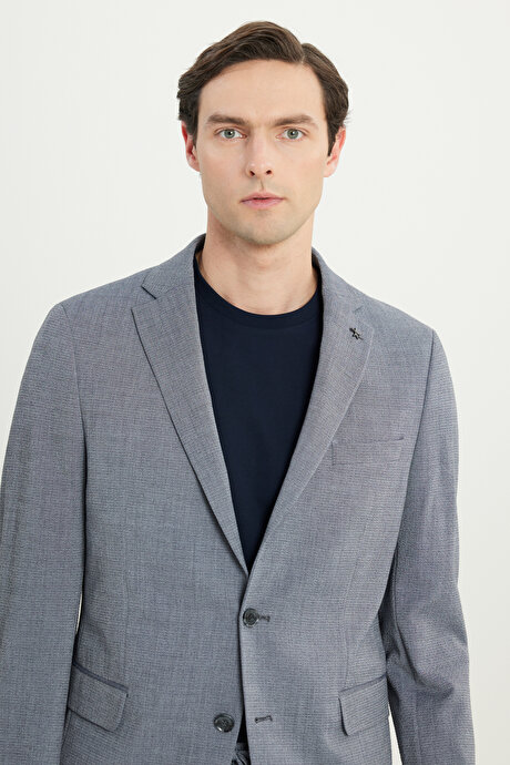 Slim Fit Dar Kesim Mono Yaka Gofre Desenli Kapak Cepli Esnek Gri Takım Elbise resmi