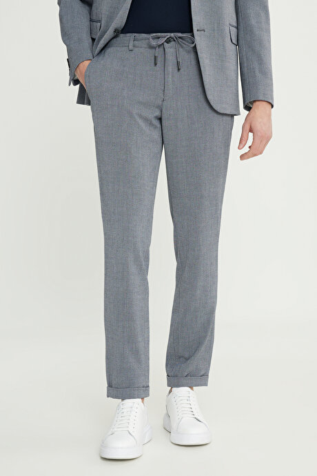 Slim Fit Dar Kesim Mono Yaka Gofre Desenli Kapak Cepli Esnek Gri Takım Elbise resmi