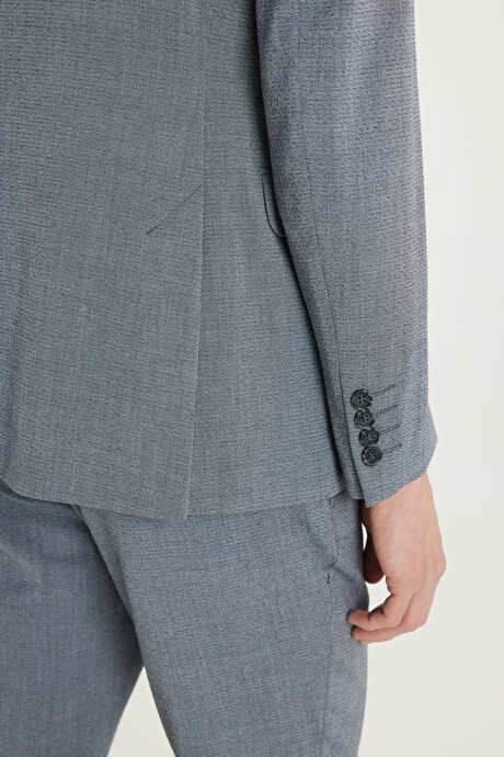 Slim Fit Dar Kesim Mono Yaka Gofre Desenli Kapak Cepli Esnek Gri Takım Elbise resmi