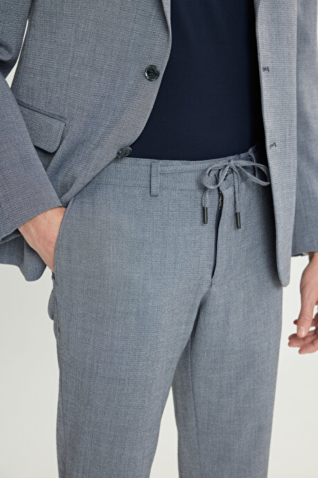 Slim Fit Dar Kesim Mono Yaka Gofre Desenli Kapak Cepli Esnek Gri Takım Elbise resmi