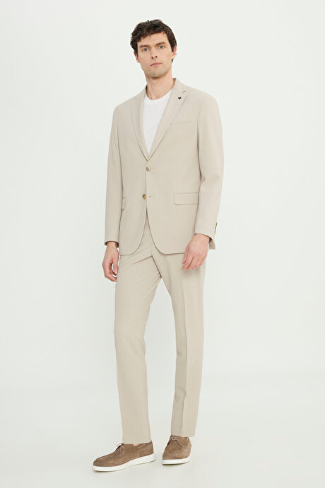 Slim Fit Dar Kesim Mono Yaka Gofre Desenli Kapak Cepli Esnek Bej Takım Elbise resmi