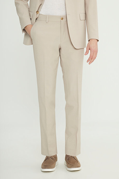 Slim Fit Dar Kesim Mono Yaka Gofre Desenli Kapak Cepli Esnek Bej Takım Elbise resmi