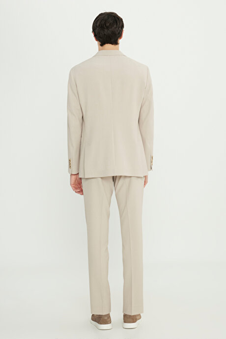 Slim Fit Dar Kesim Mono Yaka Gofre Desenli Kapak Cepli Esnek Bej Takım Elbise resmi