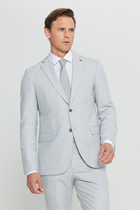 Slim Fit Dar Kesim Mono Yaka Kapak Cepli Gri Takım Elbise resmi