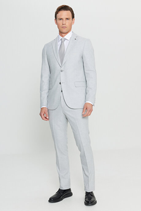 Slim Fit Dar Kesim Mono Yaka Kapak Cepli Gri Takım Elbise resmi