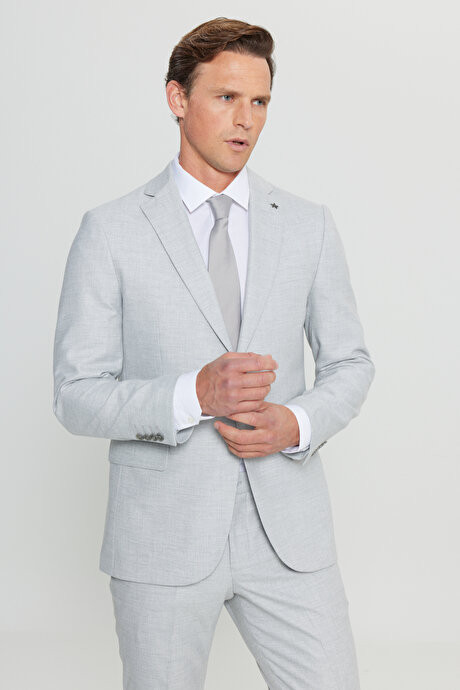 Slim Fit Dar Kesim Mono Yaka Kapak Cepli Gri Takım Elbise resmi