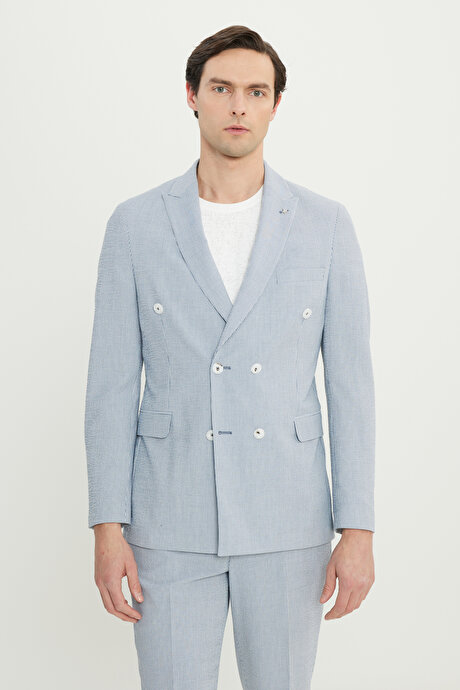 Slim Fit Dar Kesim Kırlangıç Yaka Çizgili Gofre Desenli Kruvaze Lacivert-Beyaz Takım Elbise resmi