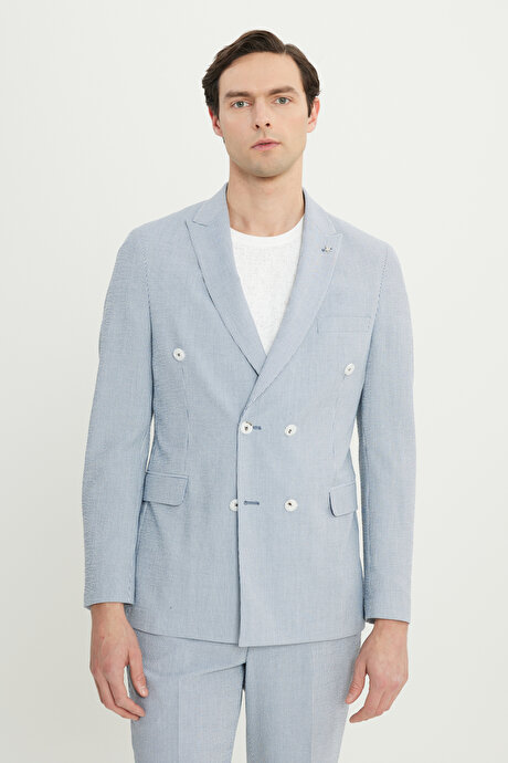 Slim Fit Dar Kesim Kırlangıç Yaka Çizgili Gofre Desenli Kruvaze Lacivert-Beyaz Takım Elbise resmi