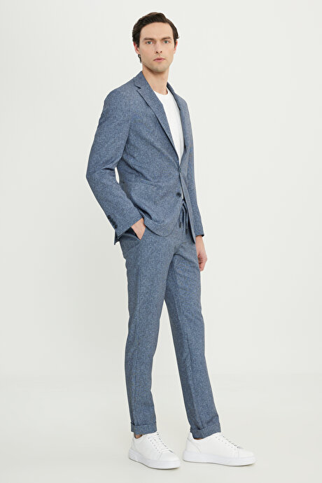 Slim Fit Dar Kesim Mono Yaka Beli Bağlamalı Torba Cepli Esnek Lacivert Takım Elbise resmi