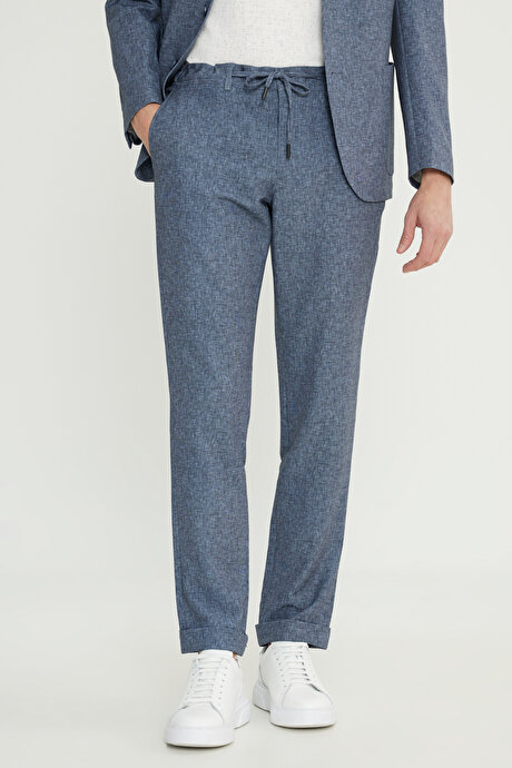 Slim Fit Dar Kesim Mono Yaka Beli Bağlamalı Torba Cepli Esnek Lacivert Takım Elbise resmi