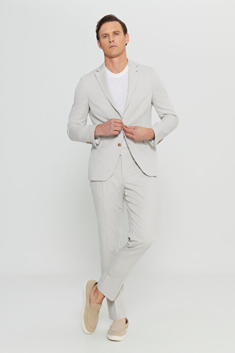 Pamuklu Slim Fit Dar Kesim Mono Yaka Diagonal Desenli Kapak Cepli Bej Takım Elbise resmi