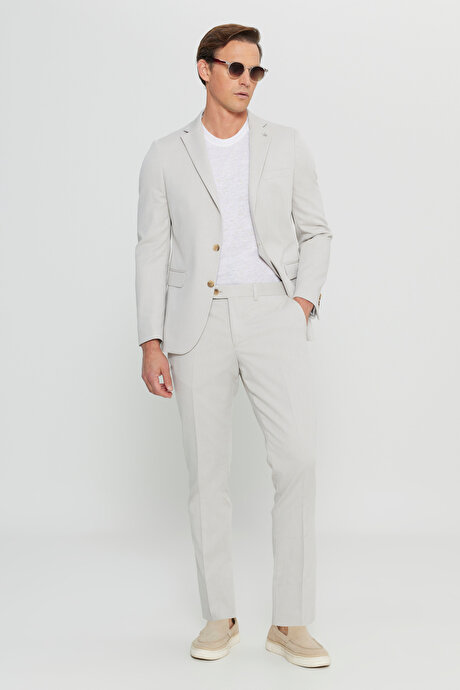 Pamuklu Slim Fit Dar Kesim Mono Yaka Diagonal Desenli Kapak Cepli Bej Takım Elbise resmi