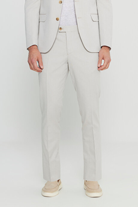 Pamuklu Slim Fit Dar Kesim Mono Yaka Diagonal Desenli Kapak Cepli Bej Takım Elbise resmi