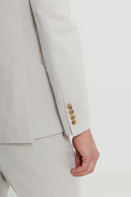 Pamuklu Slim Fit Dar Kesim Mono Yaka Diagonal Desenli Kapak Cepli Bej Takım Elbise resmi