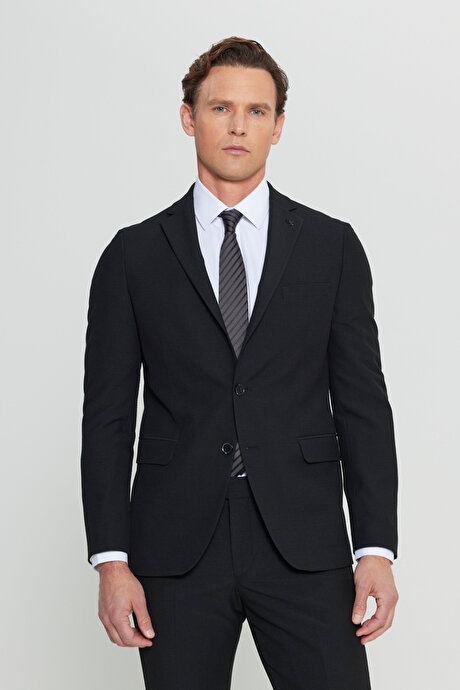 Slim Fit Mono Yaka Gofre Desenli Kapak Cepli Esnek Siyah Takım Elbise resmi