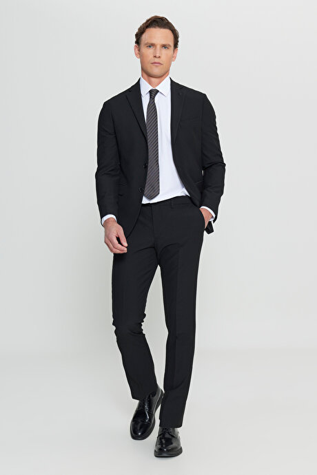 Slim Fit Mono Yaka Gofre Desenli Kapak Cepli Esnek Siyah Takım Elbise resmi