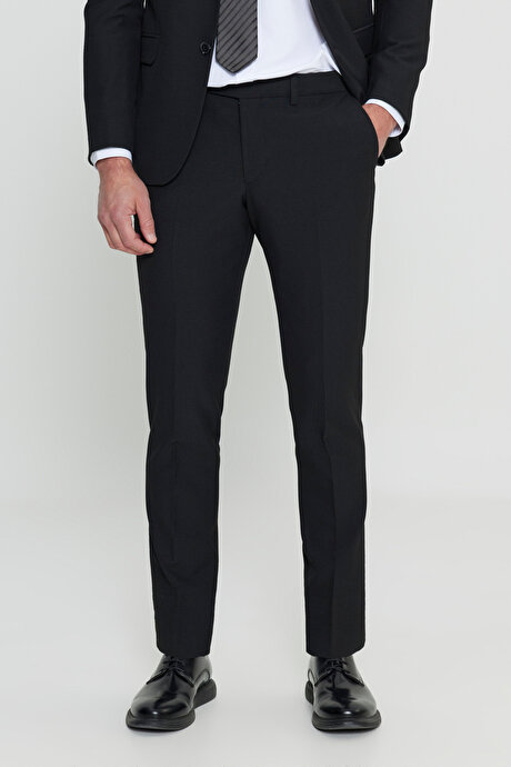 Slim Fit Mono Yaka Gofre Desenli Kapak Cepli Esnek Siyah Takım Elbise resmi