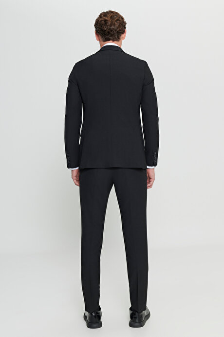 Slim Fit Mono Yaka Gofre Desenli Kapak Cepli Esnek Siyah Takım Elbise resmi