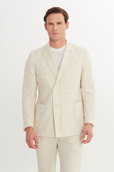 Keten Slim Fit Dar Kesim Kırlangıç Yaka Desenli Torba Cepli Kruvaze Bej Takım Elbise resmi