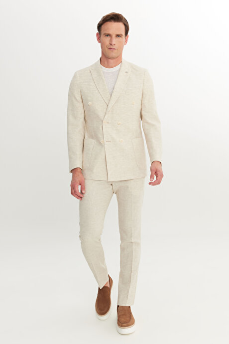 Keten Slim Fit Dar Kesim Kırlangıç Yaka Desenli Torba Cepli Kruvaze Bej Takım Elbise resmi