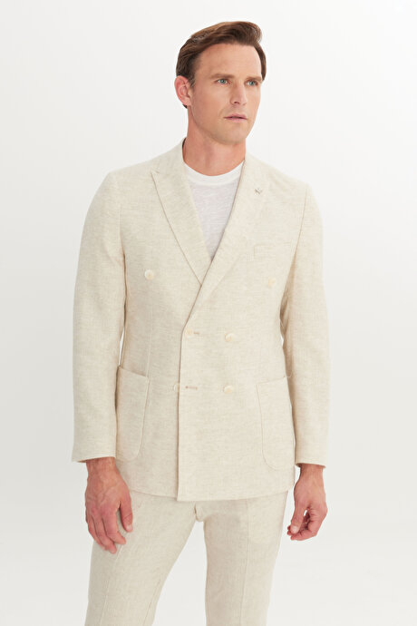 Keten Slim Fit Dar Kesim Kırlangıç Yaka Desenli Torba Cepli Kruvaze Bej Takım Elbise resmi