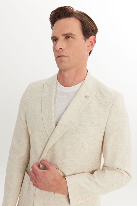 Keten Slim Fit Dar Kesim Kırlangıç Yaka Desenli Torba Cepli Kruvaze Bej Takım Elbise resmi