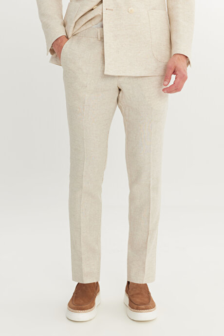 Keten Slim Fit Dar Kesim Kırlangıç Yaka Desenli Torba Cepli Kruvaze Bej Takım Elbise resmi