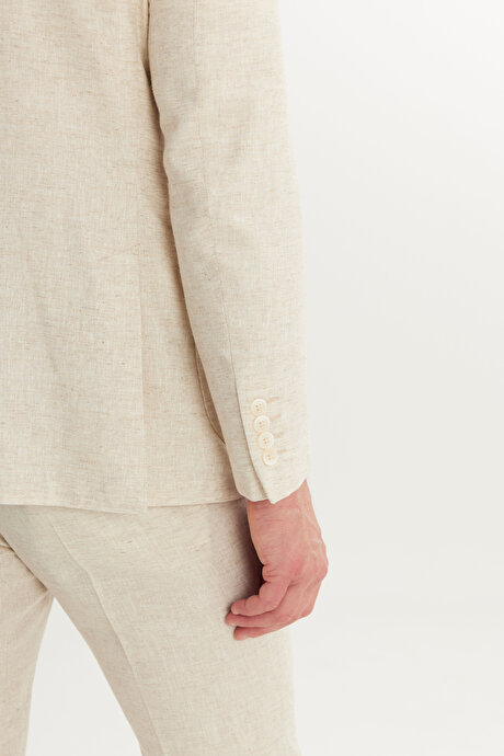 Keten Slim Fit Dar Kesim Kırlangıç Yaka Desenli Torba Cepli Kruvaze Bej Takım Elbise resmi