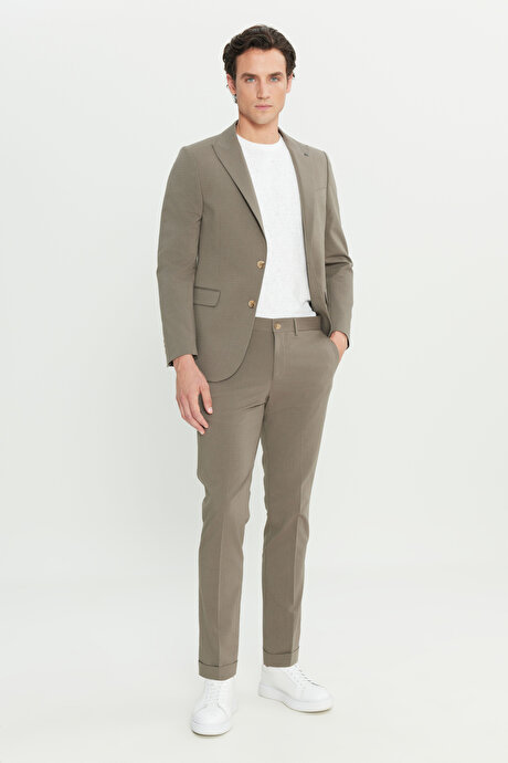 Pamuklu Slim Fit Dar Kesim Kırlangıç Yaka Kapak Cepli Çizgili Esnek Vizon Takım Elbise resmi