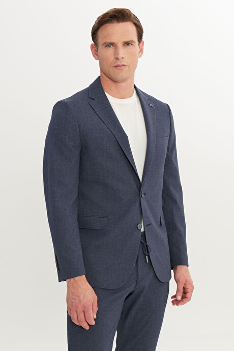 Ekstra Slim Fit Mono Yaka Gofre Kazayağı Desenli Beli Bağlamalı Lacivert Takım Elbise resmi