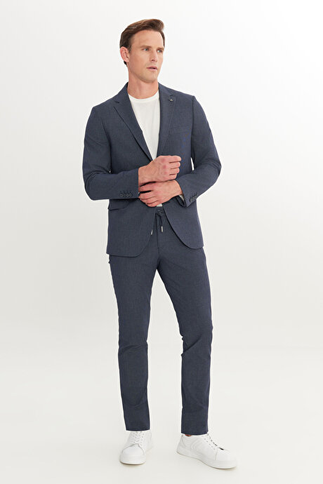 Ekstra Slim Fit Mono Yaka Gofre Kazayağı Desenli Beli Bağlamalı Lacivert Takım Elbise resmi