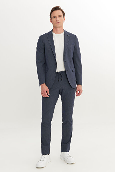 Ekstra Slim Fit Mono Yaka Gofre Kazayağı Desenli Beli Bağlamalı Lacivert Takım Elbise resmi