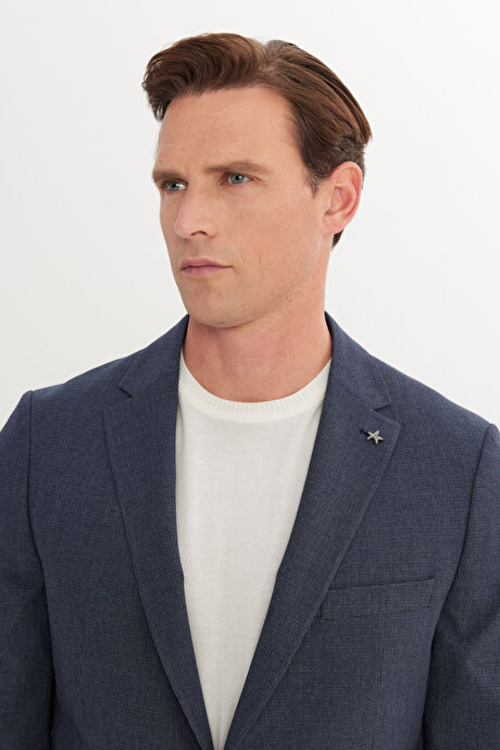 Ekstra Slim Fit Mono Yaka Gofre Kazayağı Desenli Beli Bağlamalı Lacivert Takım Elbise resmi