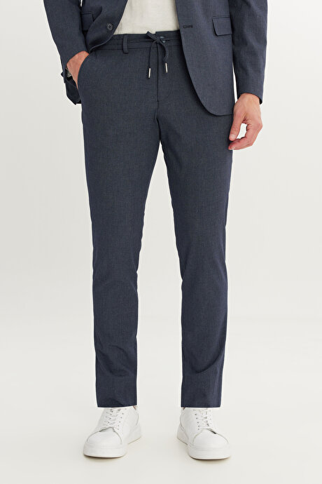 Ekstra Slim Fit Mono Yaka Gofre Kazayağı Desenli Beli Bağlamalı Lacivert Takım Elbise resmi